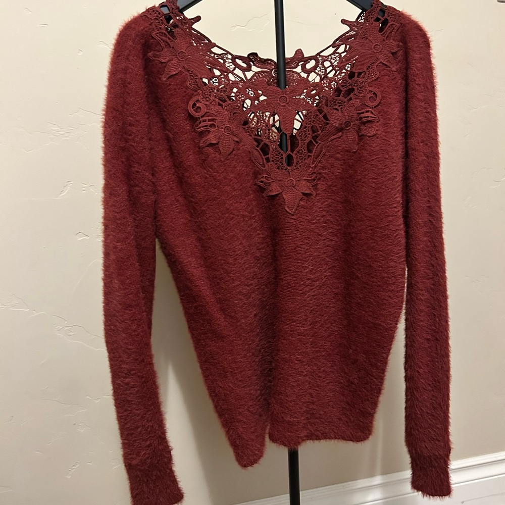 ✨ Red Haute Fuzzy Knit Lace Detail Sweater ✨